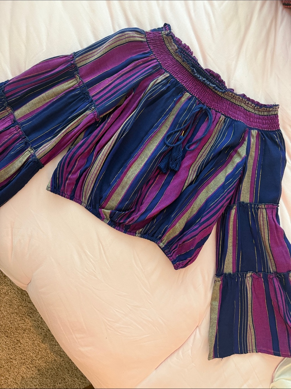 Off-Shoulder Striped crop blouse in Purple and Navy with gold accents
